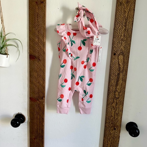 New Cat & Jack Baby Girl 0-3 Months Cherry Romper & Headband Accessorym - Picture 4 of 7